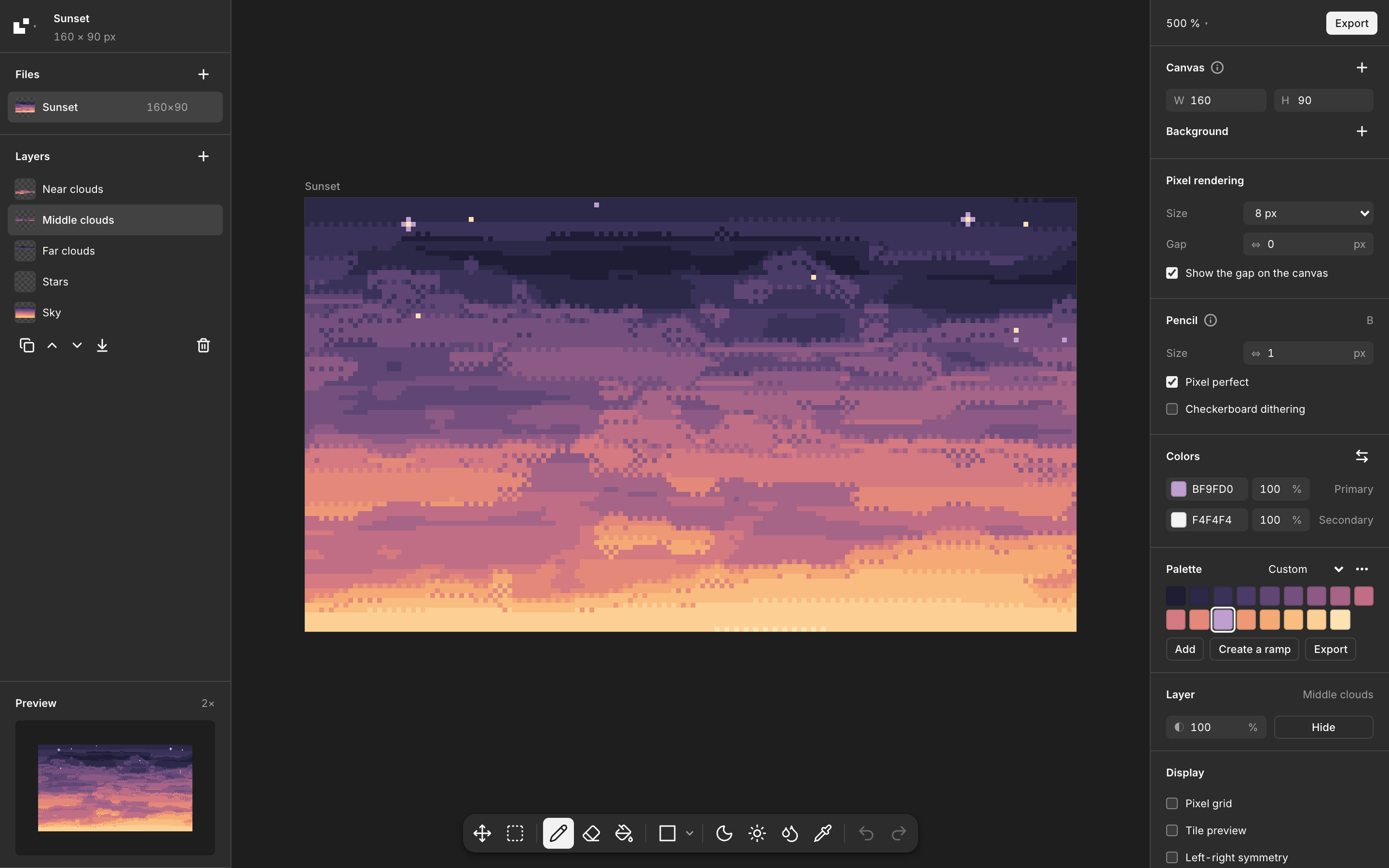 The Baipix editor with a pixel art sunset: layers on the left, tools at the bottom, properties on the right.
